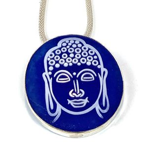 Etched Budda pace on a blue glass pendant
