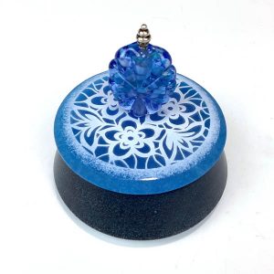 Cast Glass box Round Blue with white etched mandala