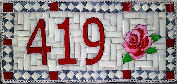 Sample mosaic Plaque with a 419 in red surrounded by white