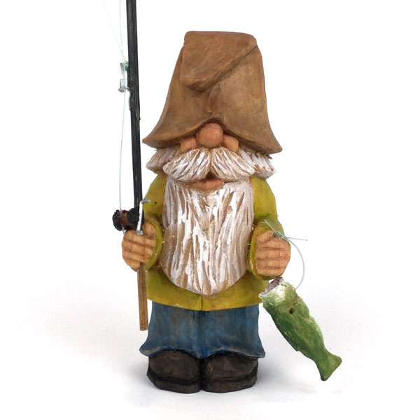 Gone Fishing-Hand Carved Wooden Gnome with Rod