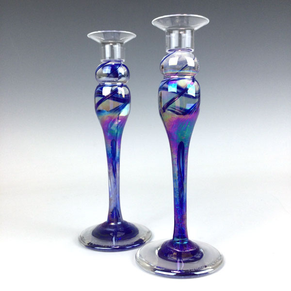 Candlestick Pair in Blue by Rosetree Glass Studio