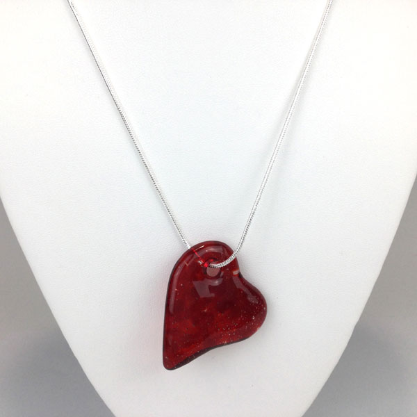 Cast Glass Red Heart Necklace on Sterling Silver