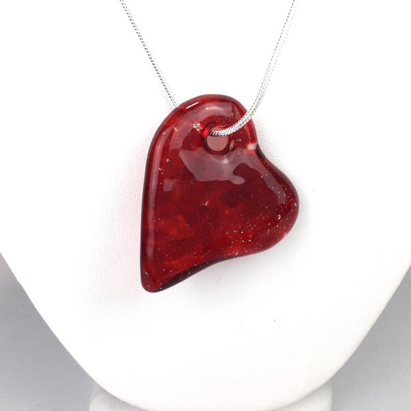 Cast Glass Red Heart Necklace on Sterling Silver