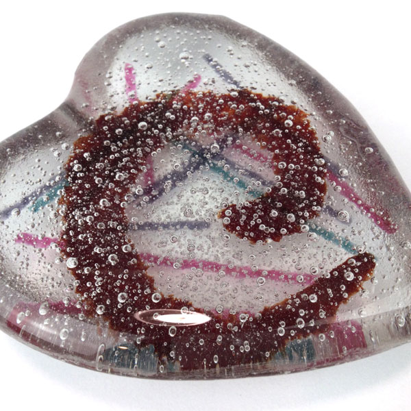 Cast Glass Heart Paperweight with Red Spiral