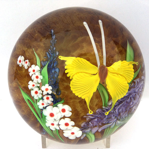 Yellow Butterfly on Amber Paperweight