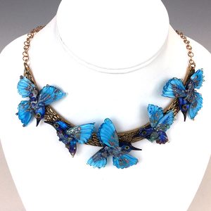 Teal Blue Hummingbird Necklace by Oksana Puzhalova