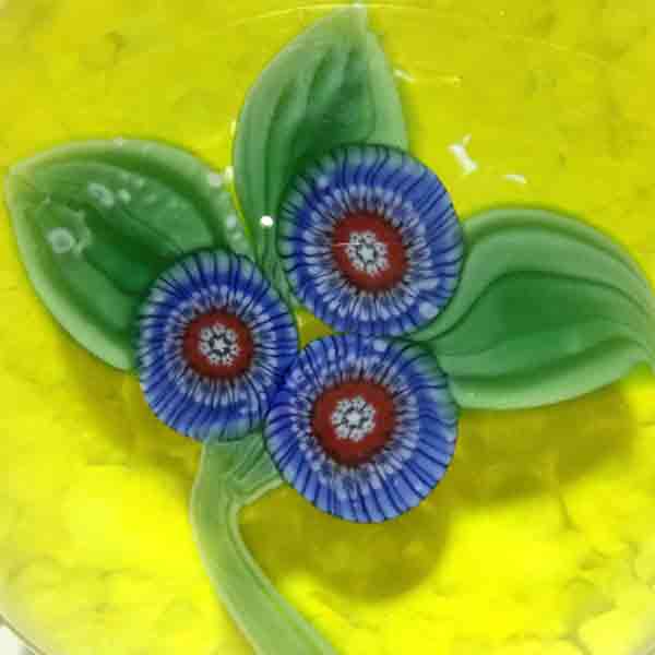 Blue/Red Blossoms on Yellow Paperweight